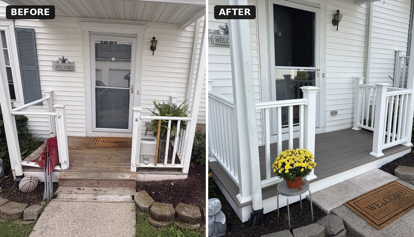 The same front porch before and after: worn wood decking and broken railings, then composite decking with new white railings